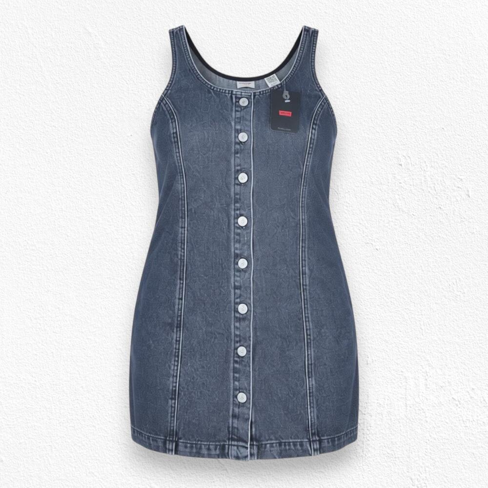 Levi's Black Full Button Down Pinafore Overall Mini Tuli Denim Dress Size XS